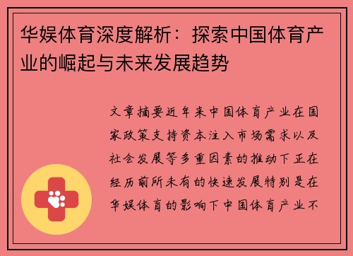 华娱体育深度解析：探索中国体育产业的崛起与未来发展趋势